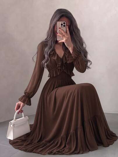 SHEIN PariChic Women's Autumn V-Neck Regular Shoulder Long Sleeve Dress With Ruffle Collar Design, Elastic Waist, Casual Romantic Wear, Versatile Elegant Vacation