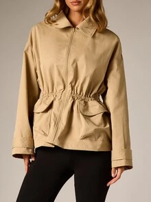 AiiRZ Oversized Cape Trench Jacket With Elasticated Waist Patch Pockets Gold Buttons Lapel Collar Long Sleeves Fall Winter Outerwear - Khaki - View 4