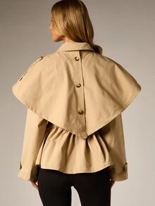 AiiRZ Oversized Cape Trench Jacket With Elasticated Waist Patch Pockets Gold Buttons Lapel Collar Long Sleeves Fall Winter Outerwear - Khaki - View 2