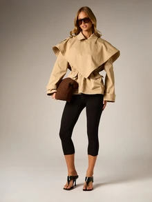 AiiRZ Oversized Cape Trench Jacket With Elasticated Waist Patch Pockets Gold Buttons Lapel Collar Long Sleeves Fall Winter Outerwear - Khaki - View 3