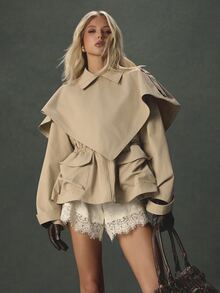 AiiRZ Oversized Cape Trench Jacket With Elasticated Waist Patch Pockets Gold Buttons Lapel Collar Long Sleeves Fall Winter Outerwear - Khaki - View 1