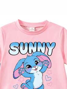 SHEIN Elladie kids 女童可愛粉色卡通圖案上衣，搭配牛仔印花直筒長褲，適合日常玩耍與假期聚會 - 彩色 - 查看 4