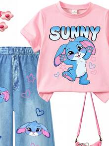 SHEIN Elladie kids 女童可愛粉色卡通圖案上衣，搭配牛仔印花直筒長褲，適合日常玩耍與假期聚會 - 彩色 - 查看 5