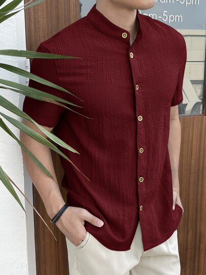 Mainfolk Men's Solid Color Short Sleeve Single Breasted Woven Casual Shirt, Homme, Slim Fit