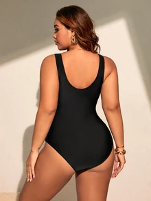 SHEIN Swim 大尺碼女款波點拼接連身泳衣，適合海灘度假、泳池派對、海灘派對，黑色夏季性感 1920 年代優雅風 - 黑與白 - 查看 3