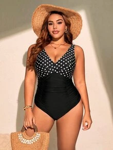 SHEIN Swim 大尺碼女款波點拼接連身泳衣，適合海灘度假、泳池派對、海灘派對，黑色夏季性感 1920 年代優雅風 - 黑與白 - 查看 5