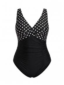 SHEIN Swim 大尺碼女款波點拼接連身泳衣，適合海灘度假、泳池派對、海灘派對，黑色夏季性感 1920 年代優雅風 - 黑與白 - 查看 4