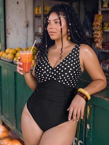 SHEIN Swim 大尺碼女款波點拼接連身泳衣，適合海灘度假、泳池派對、海灘派對，黑色夏季性感 1920 年代優雅風 - 黑與白 - 查看 1