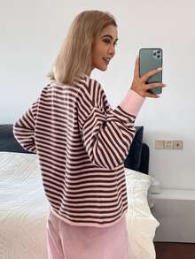 Livesso Cardigan Rajut Kancing Warna Kontras Pink dan Cokelat Serbaguna untuk Wanita, Cocok untuk Santai Sehari-hari di Musim Gugur, Gaya Brunch 2000-an, dan Sekolah. - Berwarna merah muda - View 2