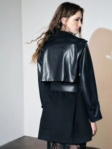 MOTF PREMIUM Herringbone Pattern Trench Coat Style Short Waist-Cinching Colorblock PU Jacket, Autumn/Winter - Navy Blue - View 3