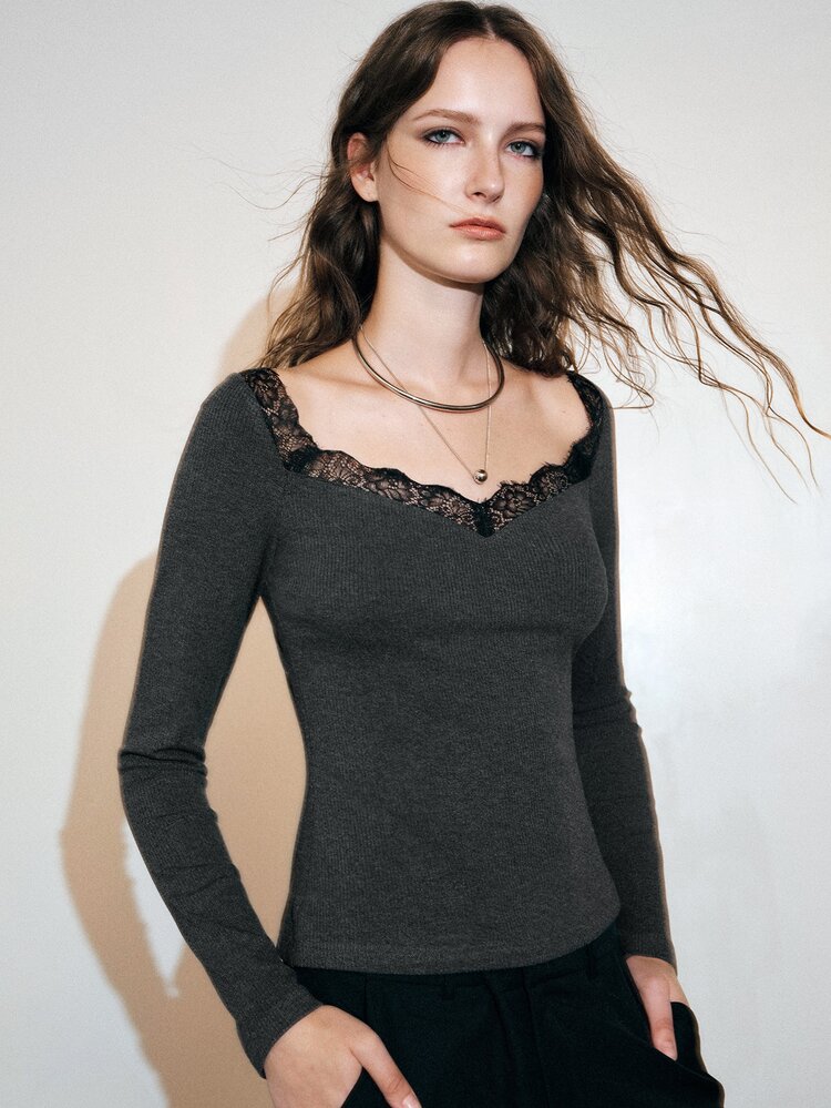 MOTF PREMIUM Combined V-Neck Lace Trim Patchwork Long Sleeve Knit T-Shirt Autumn/Winter - Dark Grey - View 4
