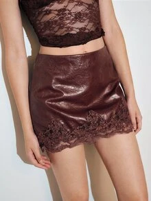 MOTF PREMIUM Mini PU Lace Patchwork Short Skirt, Autumn/Winter - Burgundy - View 1