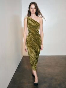 MOTF PREMIUM AUTUMN/WINTER ONE-SHOULDER LACE PATCHWORK VELVET DRESS - Green - View 5