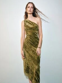 MOTF PREMIUM AUTUMN/WINTER ONE-SHOULDER LACE PATCHWORK VELVET DRESS - Green - View 6