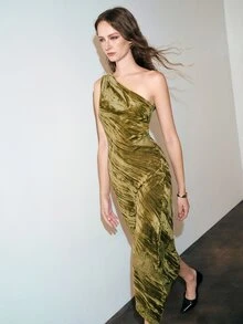 MOTF PREMIUM AUTUMN/WINTER ONE-SHOULDER LACE PATCHWORK VELVET DRESS - Green - View 4