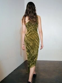 MOTF PREMIUM AUTUMN/WINTER ONE-SHOULDER LACE PATCHWORK VELVET DRESS - Green - View 3