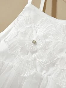 SHEIN Glamorique Kids Young Girl Cold Shoulder Embroidered Organza Dress, Birthday Party Back To School Autumn Winter - White - View 6