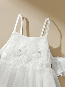 SHEIN Glamorique Kids Young Girl Cold Shoulder Embroidered Organza Dress, Birthday Party Back To School Autumn Winter - White - View 4