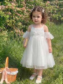 SHEIN Glamorique Kids Young Girl Cold Shoulder Embroidered Organza Dress, Birthday Party Back To School Autumn Winter - White - View 8