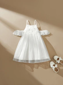 SHEIN Glamorique Kids Young Girl Cold Shoulder Embroidered Organza Dress, Birthday Party Back To School Autumn Winter - White - View 3