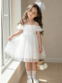 SHEIN Glamorique Kids Young Girl Cold Shoulder Embroidered Organza Dress, Birthday Party Back To School Autumn Winter - White - View 1
