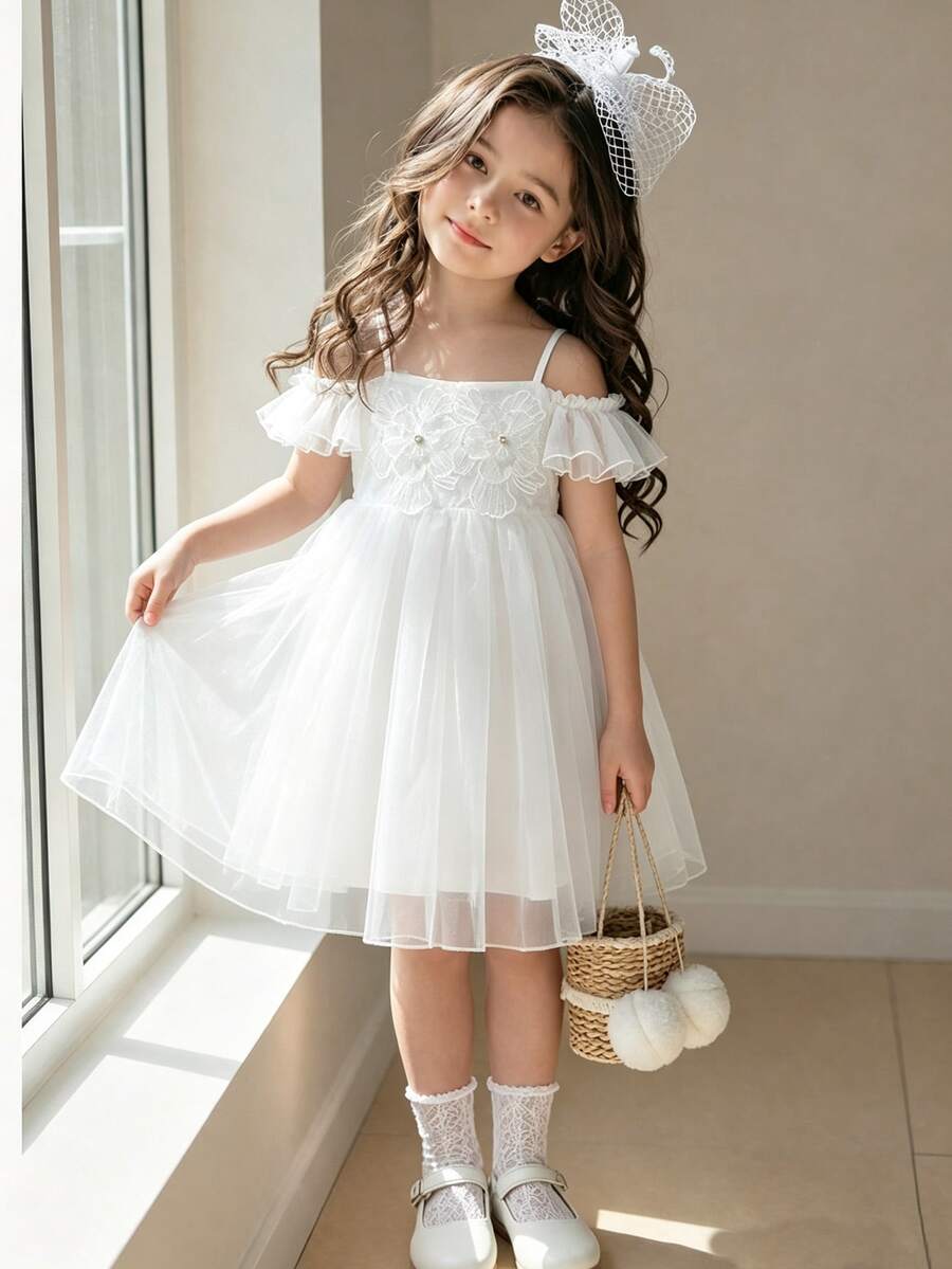 SHEIN Glamorique Kids Young Girl Cold Shoulder Embroidered Organza Dress, Birthday Party Back To School Autumn Winter - White - View 1