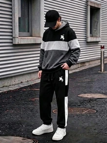 青少年男孩拼色連帽衛衣與慢跑褲套裝，Logo印花2件式休閒街頭風運動套裝 - 灰色 - 查看 1