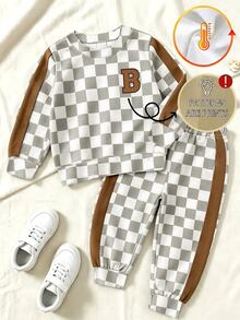 SHEIN 1 Random Set,Baby Boys Gray White Checkerboard Print Loose Sweatshirt Set Autumn American Style Side Splicing Letter Ribbed Long Sleeve School Outfits - Multicolor - View 6