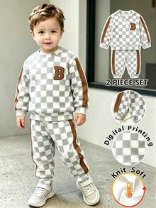 SHEIN 1 Random Set,Baby Boys Gray White Checkerboard Print Loose Sweatshirt Set Autumn American Style Side Splicing Letter Ribbed Long Sleeve School Outfits - Multicolor - View 8
