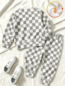 SHEIN 1 Random Set,Baby Boys Gray White Checkerboard Print Loose Sweatshirt Set Autumn American Style Side Splicing Letter Ribbed Long Sleeve School Outfits - Multicolor - View 3