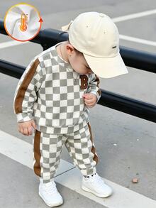 SHEIN 1 Random Set,Baby Boys Gray White Checkerboard Print Loose Sweatshirt Set Autumn American Style Side Splicing Letter Ribbed Long Sleeve School Outfits - Multicolor - View 9