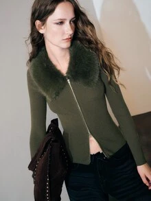 MOTF PREMIUM WOMEN'S PLUSH PATCHWORK ZIPPER CASUAL EVERYDAY CARDIGAN - Army Green - View 4