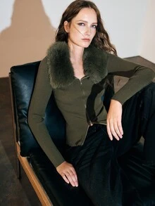 MOTF PREMIUM WOMEN'S PLUSH PATCHWORK ZIPPER CASUAL EVERYDAY CARDIGAN - Army Green - View 6