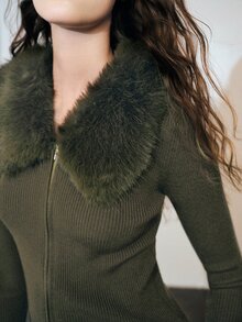 MOTF PREMIUM WOMEN'S PLUSH PATCHWORK ZIPPER CASUAL EVERYDAY CARDIGAN - Army Green - View 3