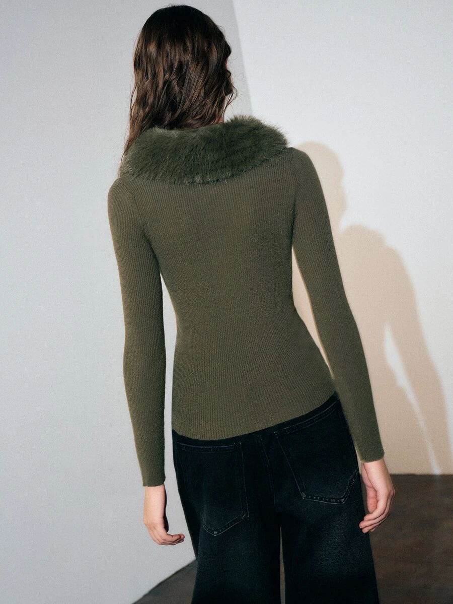 MOTF PREMIUM WOMEN'S PLUSH PATCHWORK ZIPPER CASUAL EVERYDAY CARDIGAN - Army Green - View 2