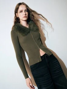 MOTF PREMIUM WOMEN'S PLUSH PATCHWORK ZIPPER CASUAL EVERYDAY CARDIGAN - Army Green - View 1