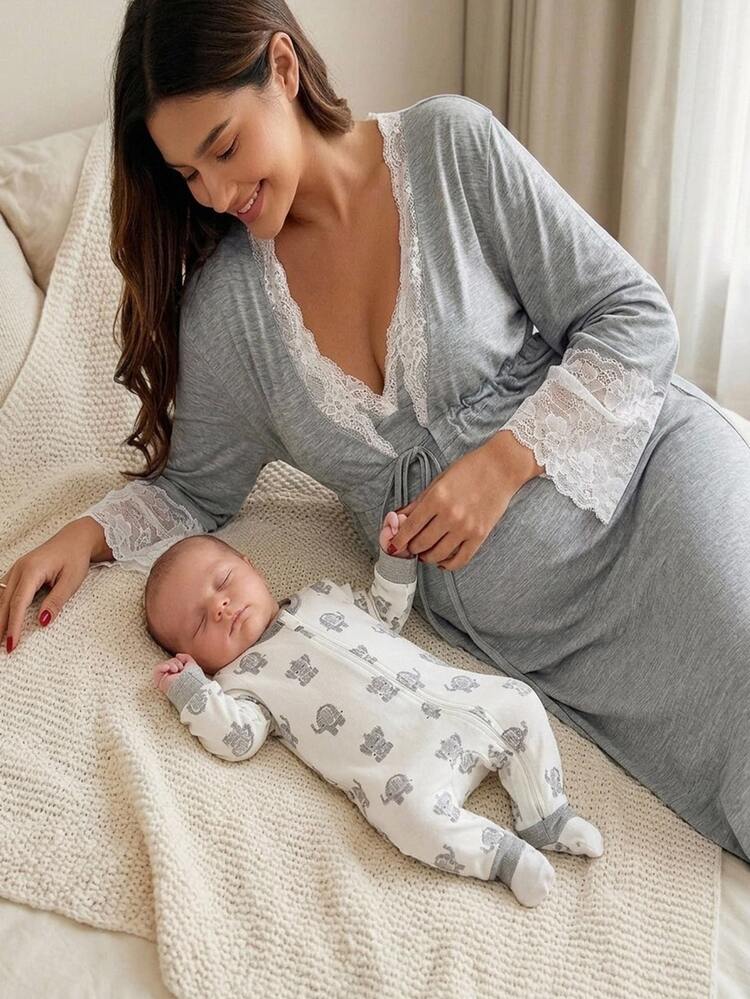 SHEIN Newborn Baby Girl Casual Cute Knitted Cartoon Pattern Long Sleeve Home Wear Romper Neutral - Grey - View 8