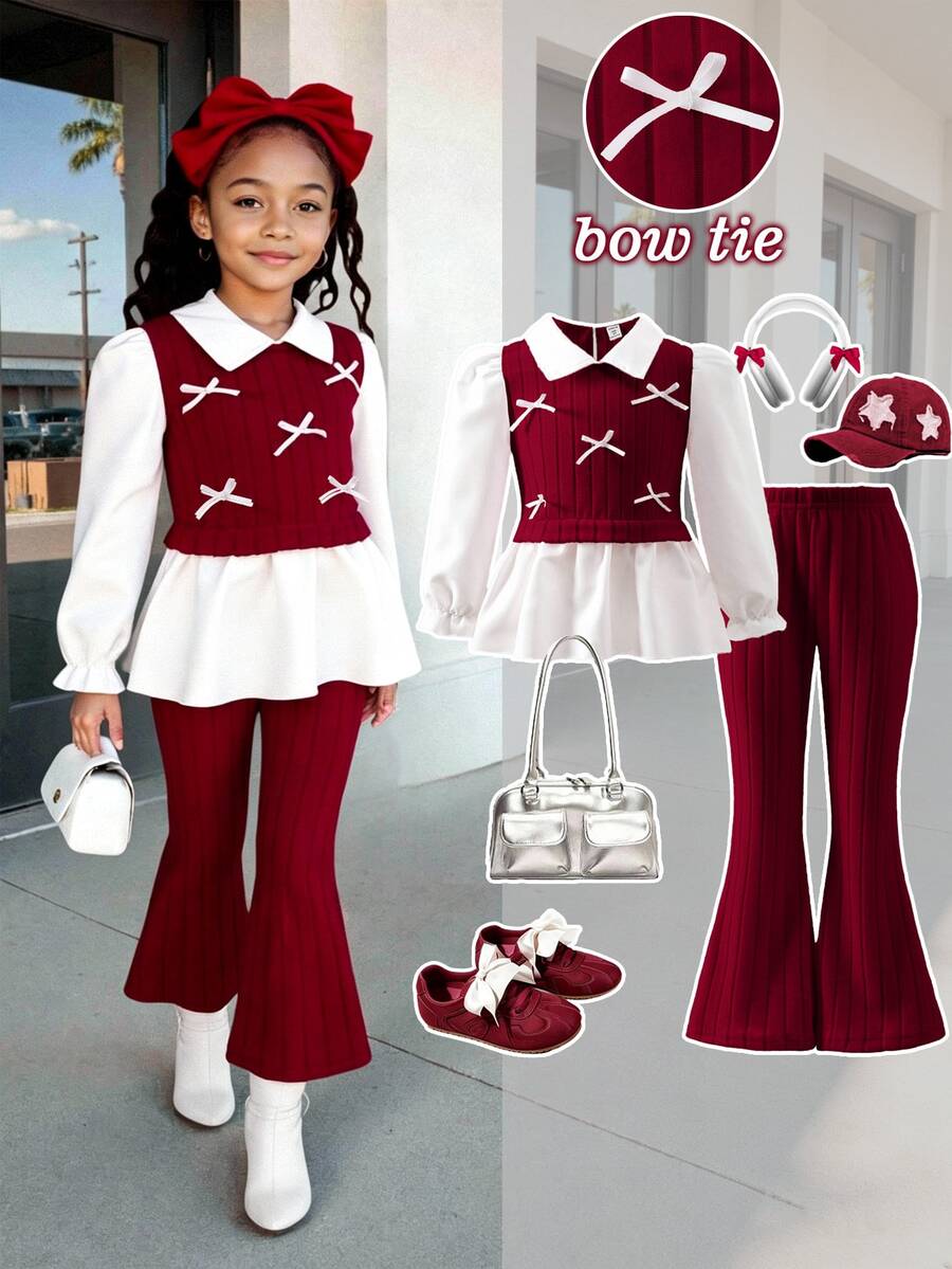 Elladie kids Mädchen Frühling/Herbst Lässig Hemd Set, Weiß 3D Schleife, Hellrosa gestrickter gebürsteter Rippstoff kombiniert mit gewebtem Stoff, Weißes Langarm Hemd mit Reverskragen und Rüschensaum, Fake Zweiteiler Top kombiniert mit Hellrosa gebürsteter Rippstoff Lässig ausgestellte lange Hose, 2-teiliges Set, geeignet für Schulanfang, Lässige Mode, süßer niedlicher Damenstil, Alltagskleidung, Reisen, Fotografie - Bordeaux - Übersicht 1