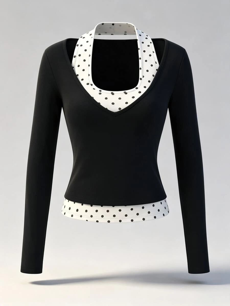 Sundraya Autumn Y2K Black Polka Dot V‑Neck Faux Two‑Piece Slim Fit Long Sleeve Top, Basic Style Back‑To‑Schoo - Multicolor - View 1