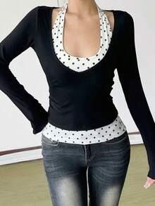 Sundraya Autumn Y2K Black Polka Dot V‑Neck Faux Two‑Piece Slim Fit Long Sleeve Top, Basic Style Back‑To‑Schoo - Multicolor - View 7