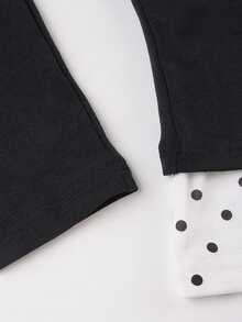 Sundraya Autumn Y2K Black Polka Dot V‑Neck Faux Two‑Piece Slim Fit Long Sleeve Top, Basic Style Back‑To‑Schoo - Multicolor - View 3