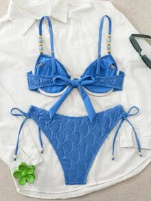 Swim Chiccia 26SS Spring/Summer Vacation Beach Textured Fabric Green Underwire Push-Up Swimwear Two Pieces Set - Blue - View 3