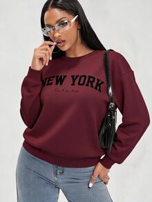 Radiana Letter Graphic Drop Shoulder Sweatshirt,Long Sleeve Tops In Fall/Winter - Burgundy - View 1