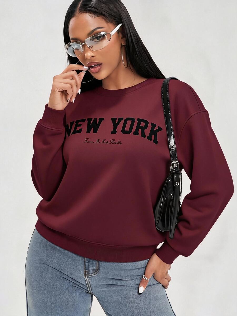 Radiana Letter Graphic Drop Shoulder Sweatshirt,Long Sleeve Tops In Fall/Winter - Burgundy - View 1