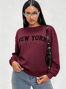 Radiana Letter Graphic Drop Shoulder Sweatshirt,Long Sleeve Tops In Fall/Winter - Burgundy - View 2