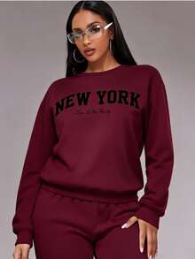 Radiana Letter Graphic Drop Shoulder Sweatshirt,Long Sleeve Tops In Fall/Winter - Burgundy - View 4