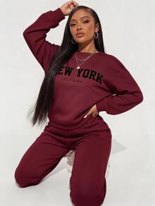 Radiana Letter Graphic Drop Shoulder Sweatshirt,Long Sleeve Tops In Fall/Winter - Burgundy - View 3