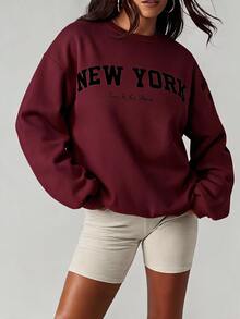 Radiana Letter Graphic Drop Shoulder Sweatshirt,Long Sleeve Tops In Fall/Winter - Burgundy - View 5