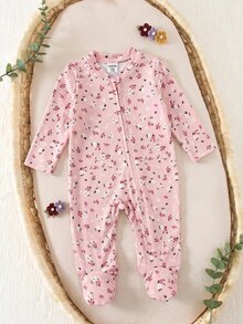SHEIN Newborn Baby Ditsy Floral Zipper Front Long Sleeve Romper - Multicolor - View 2