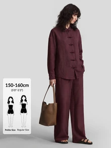 Ontre Petite Women's Burgundy Chinese Style Frog Button Dropped Shoulder Long Sleeve Shirt Elastic Waist Straight Leg Pants 2 Pieces Set Fall Casual Everyday - Burgundy - View 5